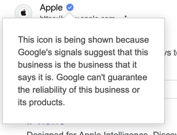 Google тестирует в поисковой выдаче синие галочки, которые означают, что «этот сайт — это именно тот сайт»